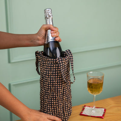 Black Polka Blockprinted Wine Bottle Bag Set of 2-Wine Bottle Bag-House of Ekam