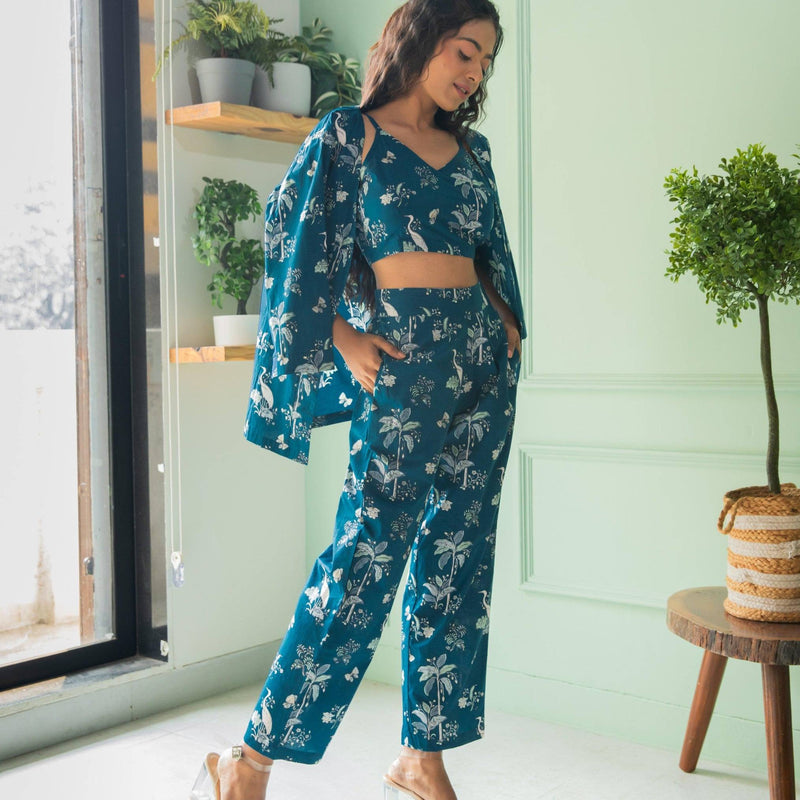 Blue Tropical Tango Co-ord Set with Crop Top-Coord set-House of Ekam