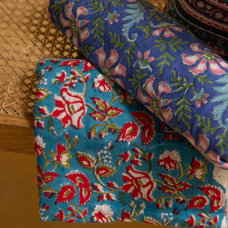 Blue and Red Traditional Floral Hand Blockprinted Cotton Fabric-fabric-House of Ekam