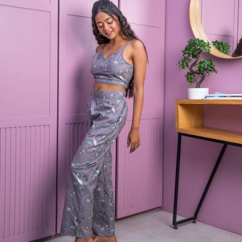 Grey Tropical Tango Co-ord Set with Crop Top-Coord set-House of Ekam
