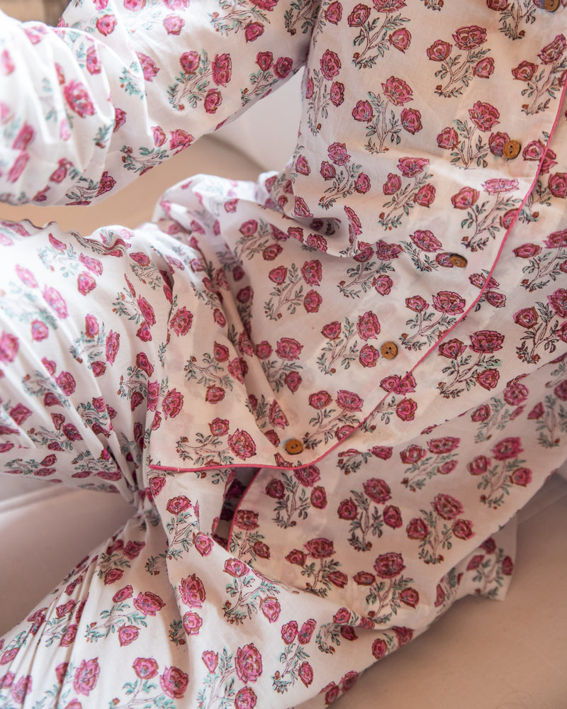 White and Pink Amaryllis Loungewear Pyjama Set-loungewear-House of Ekam