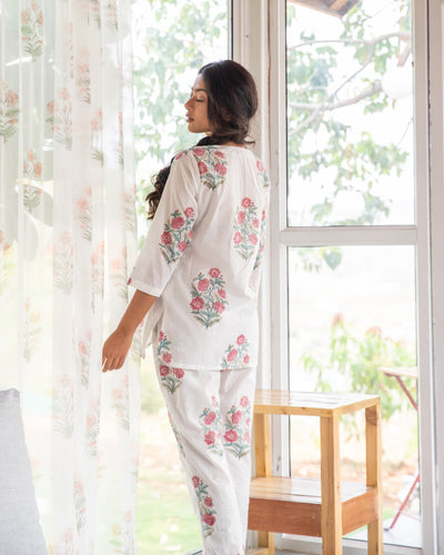 Pink Floral Begonia Loungewear Pyjama Set-loungewear-House of Ekam
