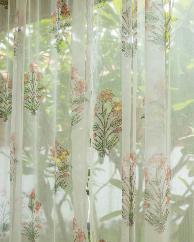 Chiffon Iris Hand Blockprinted Sheer Curtain-Curtains-House of Ekam