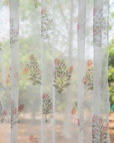Chiffon Zinnia Hand Blockprinted Sheer Curtain-Curtains-House of Ekam