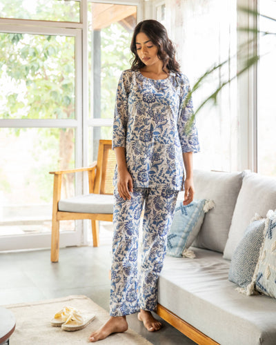 White and Blue Floral Loungewear Pyjama Set-loungewear-House of Ekam