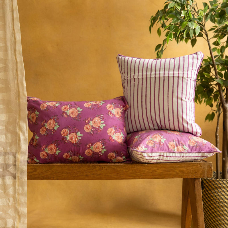 Purple Kentish Rose Blockprinted Cushion Cover-Cushion Covers-House of Ekam