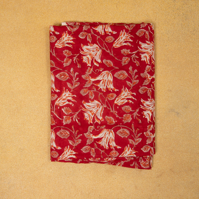 Red Lilies Hand Blockprinted Cotton Fabric-fabric-House of Ekam