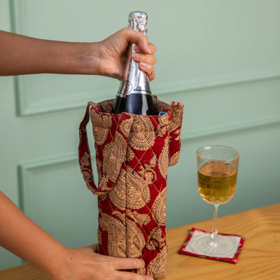 Red Paisley Blockprinted Wine Bottle Bag Set of 2-Wine Bottle Bag-House of Ekam