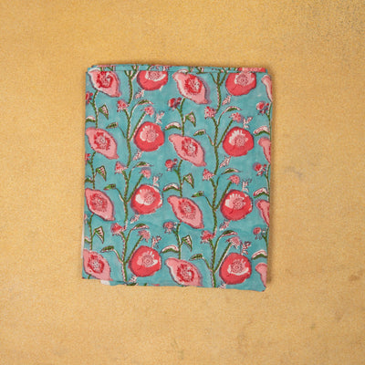 Turquoise and Pink Flower Entwine Hand Blockprinted Cotton Fabric-fabric-House of Ekam