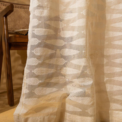 White on White Cypress Banarsi Handloom Curtain-Curtains-House of Ekam