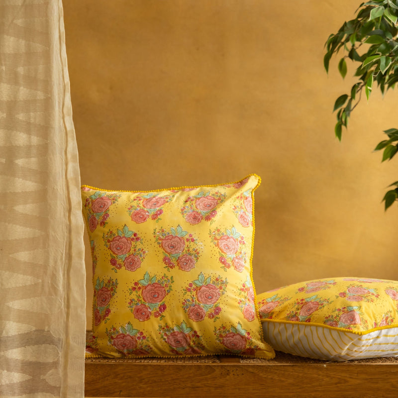 Yellow Kentish Rose Blockprinted Cushion Cover-Cushion Covers-House of Ekam