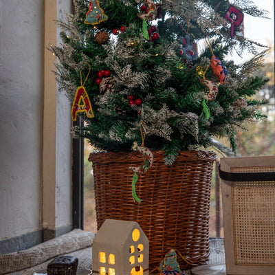 Zero Waste Orange Snowflake Embroidered Christmas Ornament Set Of 2-Ornaments-House of Ekam