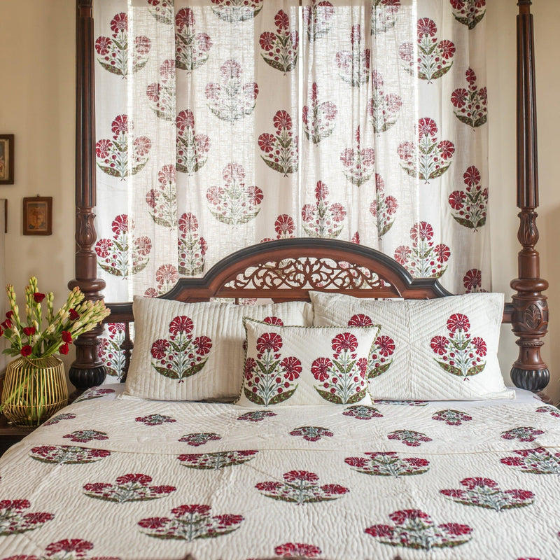 Aafreen Red Poppy Blockprint Handstitch PK Double Bed Quilt Set-Bedsheets-House of Ekam
