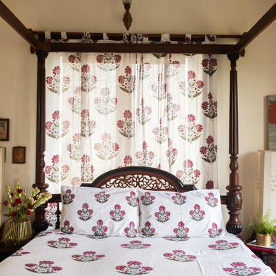 Aafreen Red Poppy Blockprint Handstitch PK Double Bed Quilt Set-Bedsheets-House of Ekam