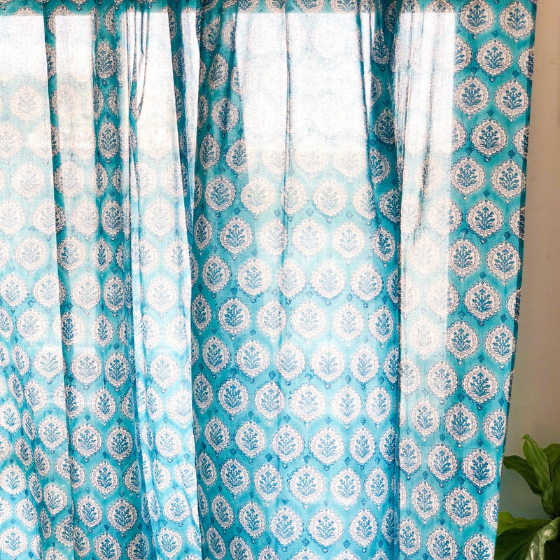 Aqua Jaipuri Buti Sheer Curtain-Curtains-House of Ekam