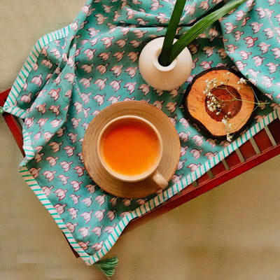 Aqua Lotus Blockprint Cotton Tea Towel cum Dinner Napkin-Tea Towels-House of Ekam