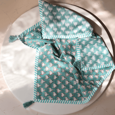 Aqua Lotus Blockprint Cotton Tea Towel cum Dinner Napkin-Tea Towels-House of Ekam