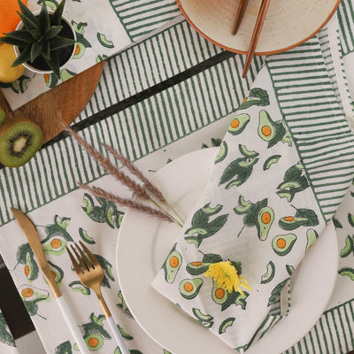 Avocado Blockprint Placemats and Napkins-Table Runners-House of Ekam