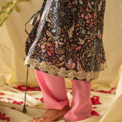 Black Floral Gota Suit Set with Dupatta and Potli-Kidswear-House of Ekam