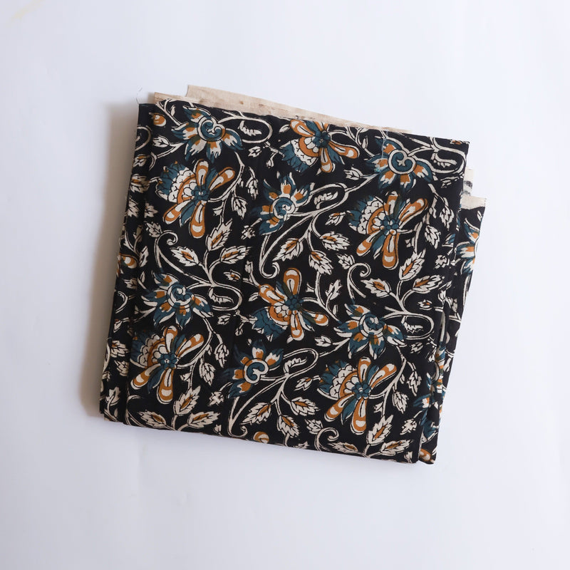 Black Floral Jaal Blockprint Cotton Fabric (min. 2m)-fabric-House of Ekam