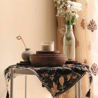 Black Floral Screenprint Cotton Tea Towel cum Dinner Napkin-Tea Towels-House of Ekam