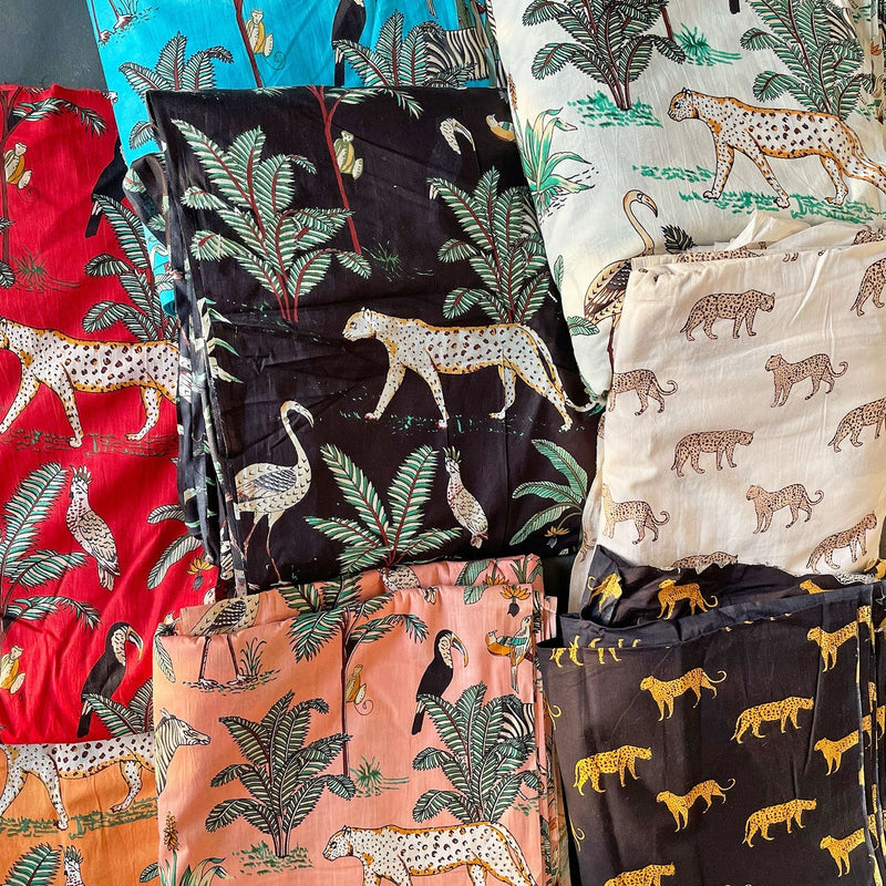 Black Tropical Safari Hand Screenprinted Cotton Fabric (min. 2m)-fabric-House of Ekam
