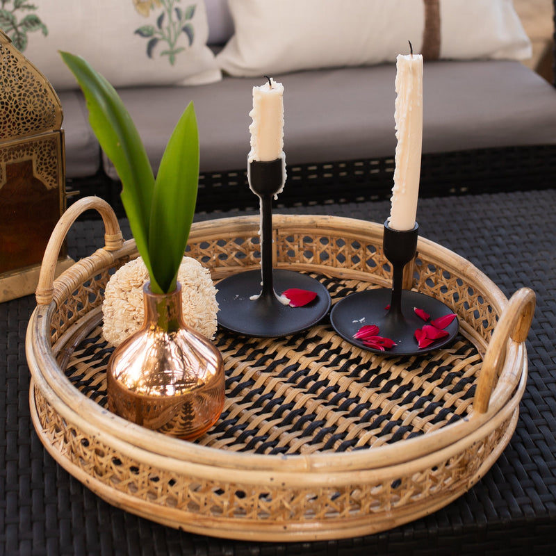 Black and White Rattan Round Serving Tray with Handle-Tray-House of Ekam