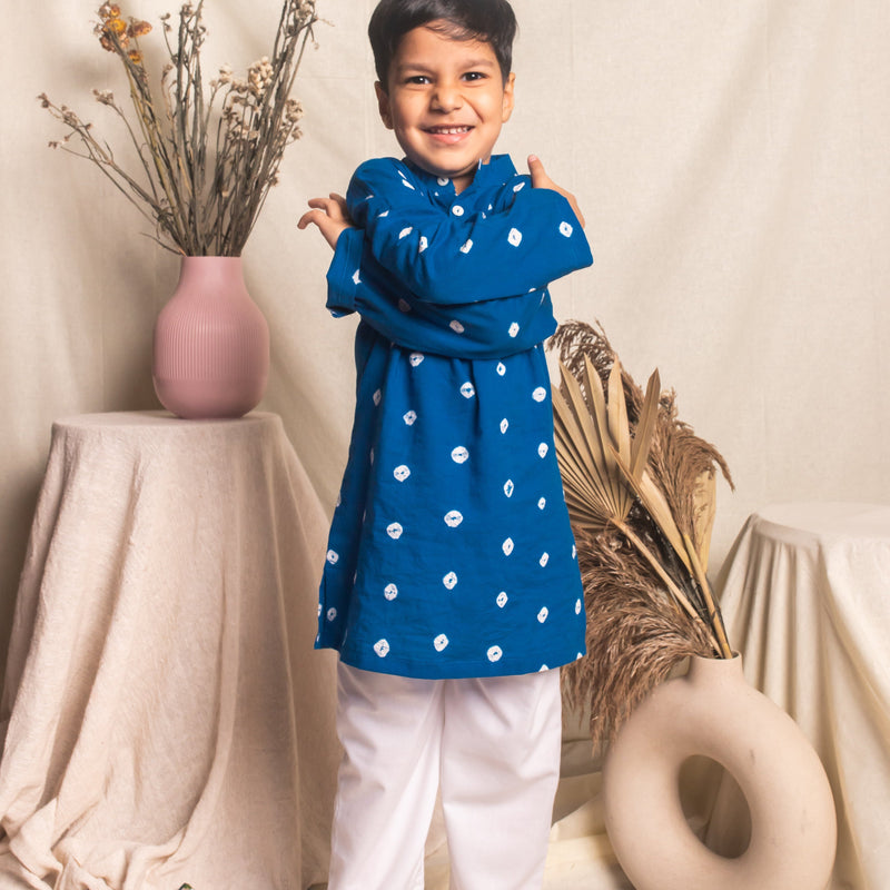 Blue Bandhani Boys Kurta With Pyjama Set-Kidswear-House of Ekam