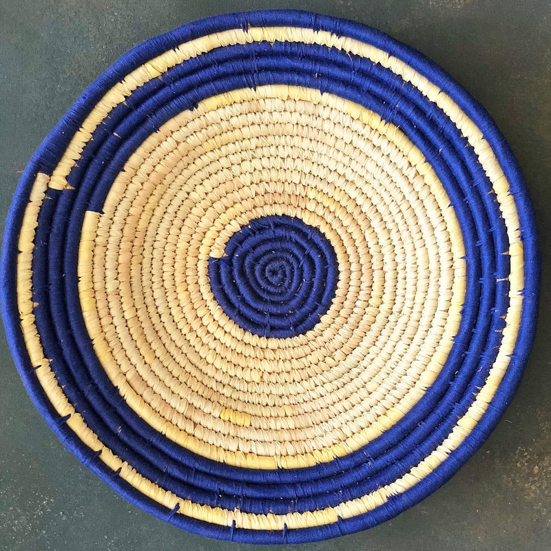 Blue Coiled Circular Handwoven Sabai Grass Basket-Sabai-House of Ekam