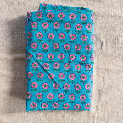 Blue Daisy Blockprint Cotton Fabric (min. 2m)-fabric-House of Ekam