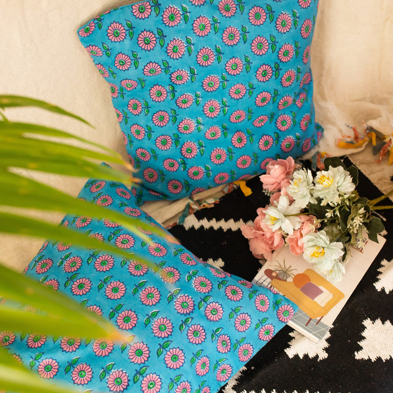 Blue Daisy Blockprint Cushion Cover-Cushion Covers-House of Ekam