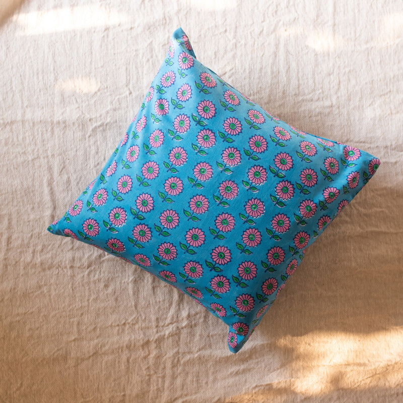 Blue Daisy Blockprint Cushion Cover-Cushion Covers-House of Ekam