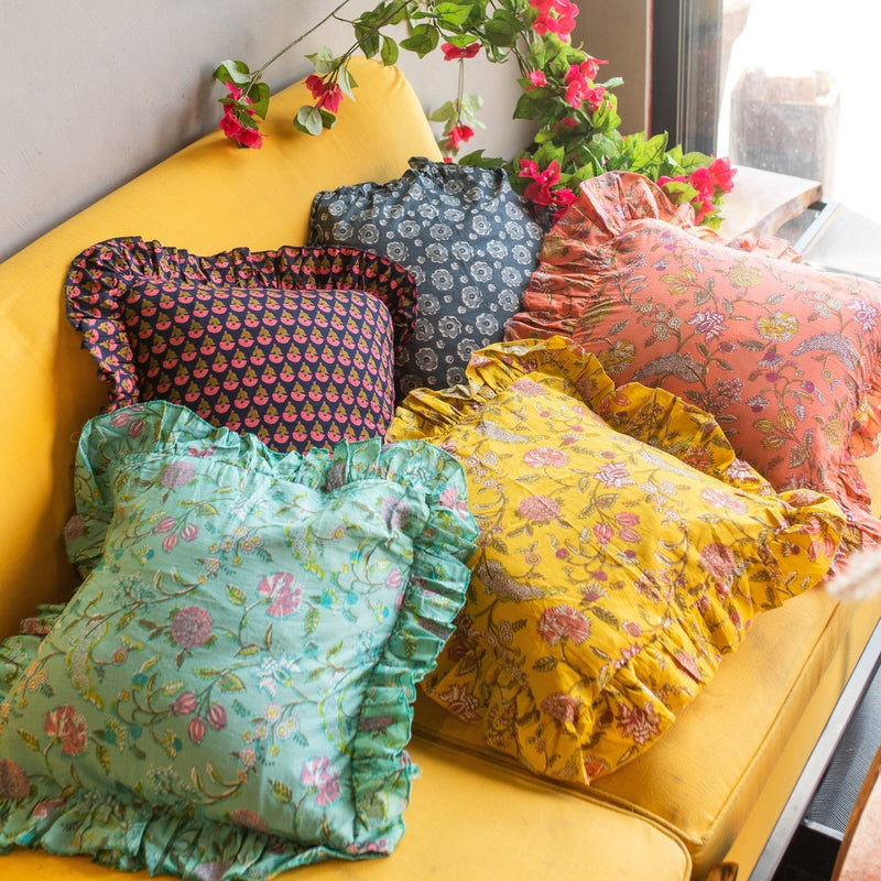 Blue Daisy Spring Ruffle Blockprint Print Cushion Cover-Cushion Covers-House of Ekam