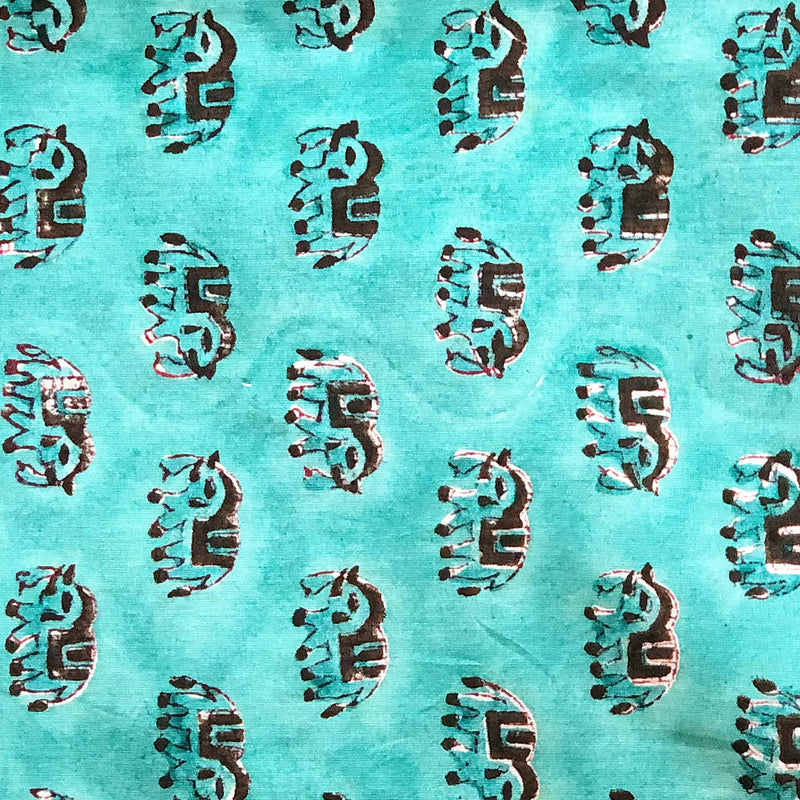 Blue Elephant Blockprint Cotton Fabric (min. 2m)-fabric-House of Ekam