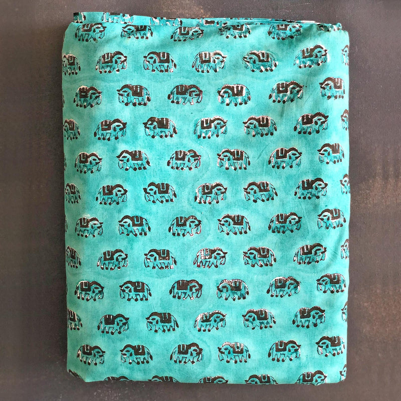 Blue Elephant Blockprint Cotton Fabric (min. 2m)-fabric-House of Ekam