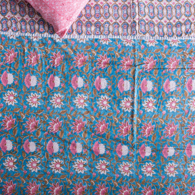 Blue Floral Jaal Reversible Double Bed Dohar-Quilt set-House of Ekam