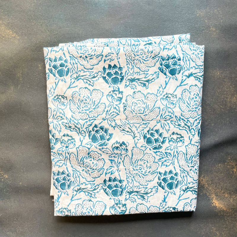 Blue Floral Paradise Blockprint Cotton Fabric (min. 2m)-fabric-House of Ekam