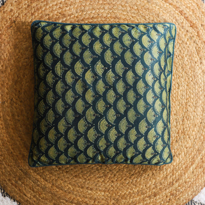 Blue & Green Floral Blockprint Mashru Silk Cushion Cover-Cushion Covers-House of Ekam