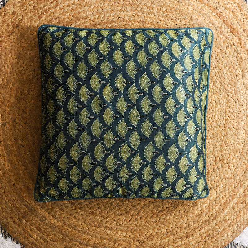 Blue & Green Floral Blockprint Mashru Silk Cushion Cover-Cushion Covers-House of Ekam