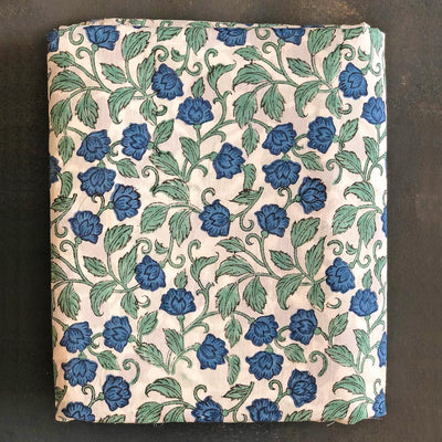 Blue & Green Small Lotus Blockprint Cotton Fabric (min. 2m)-fabric-House of Ekam