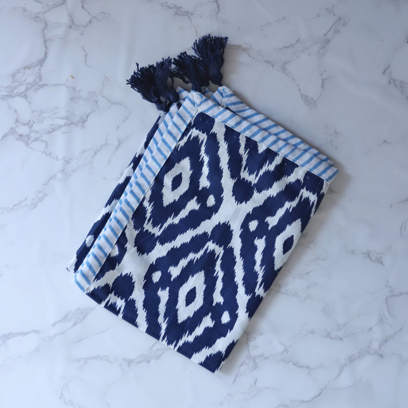 Blue Ikat Blockprint Cotton Tea Towel cum Dinner Napkin-Tea Towels-House of Ekam