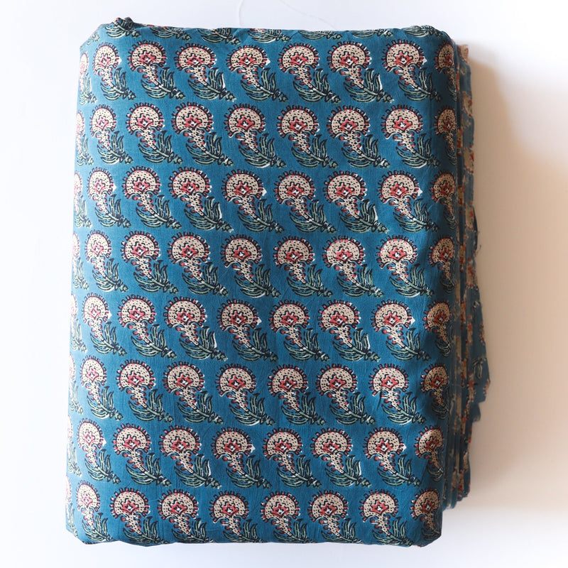 Blue Paisley Blockprint Cotton Fabric (min. 2m)-fabric-House of Ekam
