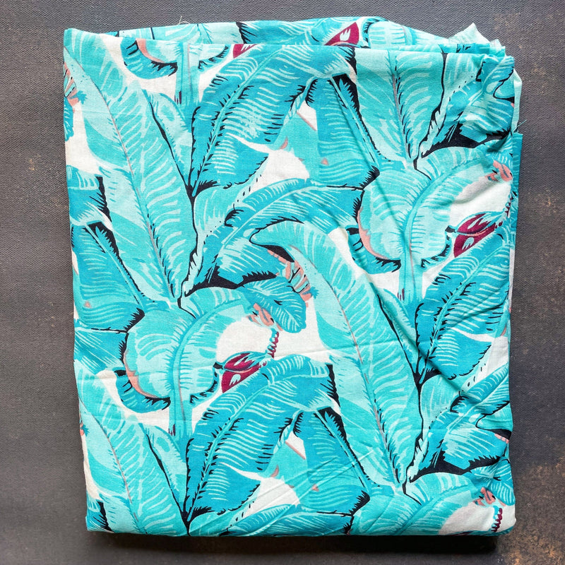 Blue Palm Leaves Tropical Screenprint Cotton Fabric (min. 2m)-fabric-House of Ekam