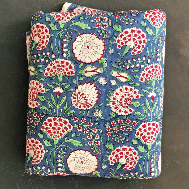 Blue Pomegranate Blockprint Cotton Fabric (min. 2m)-fabric-House of Ekam
