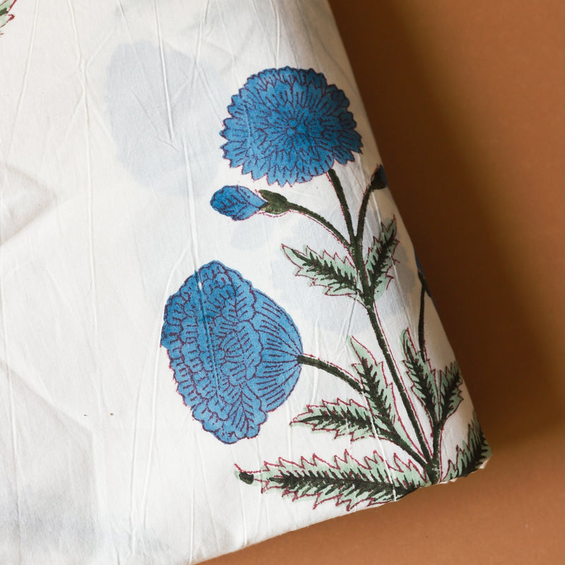 Blue Poppy Blockprint Cotton Fabric (min. 2m)-fabric-House of Ekam