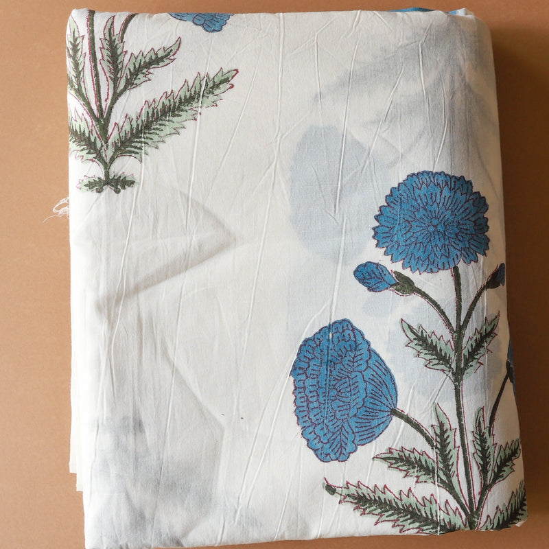 Blue Poppy Blockprint Cotton Fabric (min. 2m)-fabric-House of Ekam