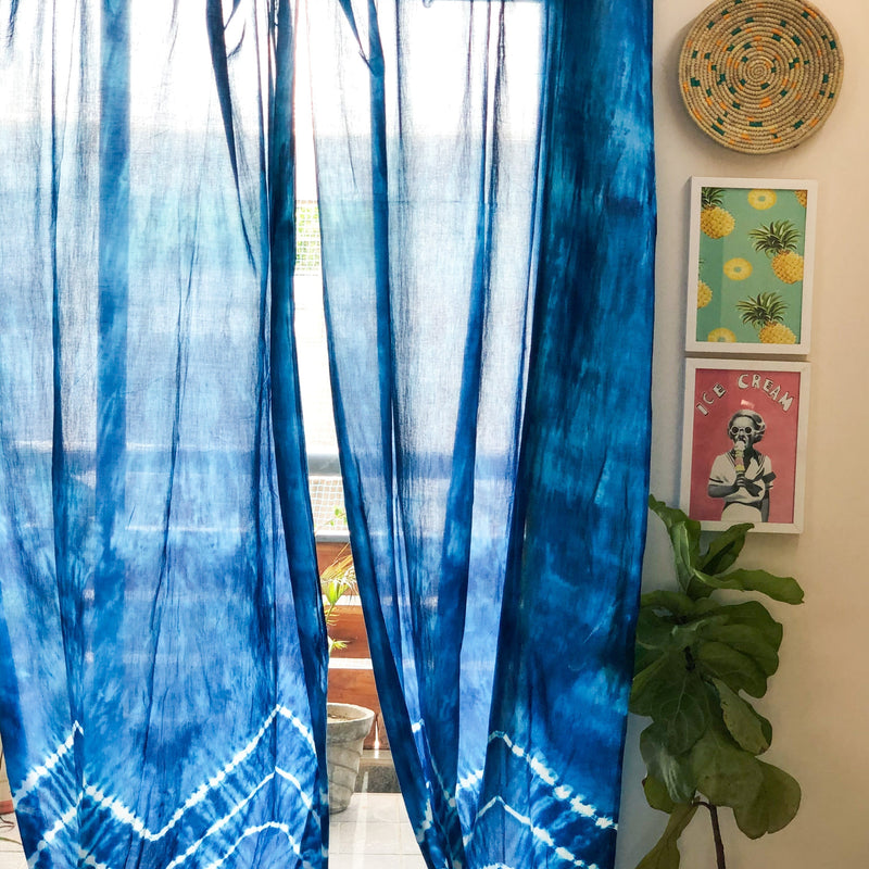 Blue Shibori Chevron Tie Dye Sheer Curtain-Curtains-House of Ekam