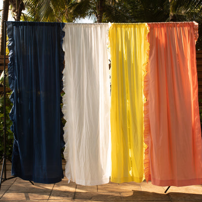 Blue Solid Ruffle Sheer Curtain-Curtains-House of Ekam