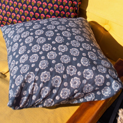 Blue Spring Daisy Blockprint Print Cushion Cover-Cushion Covers-House of Ekam