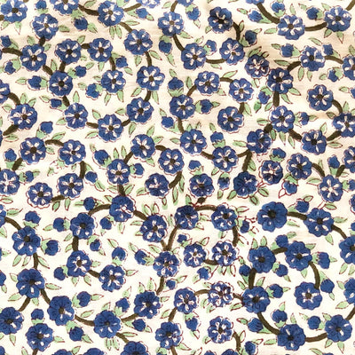 Blue String Flowers Blockprint Cotton Fabric-fabric-House of Ekam
